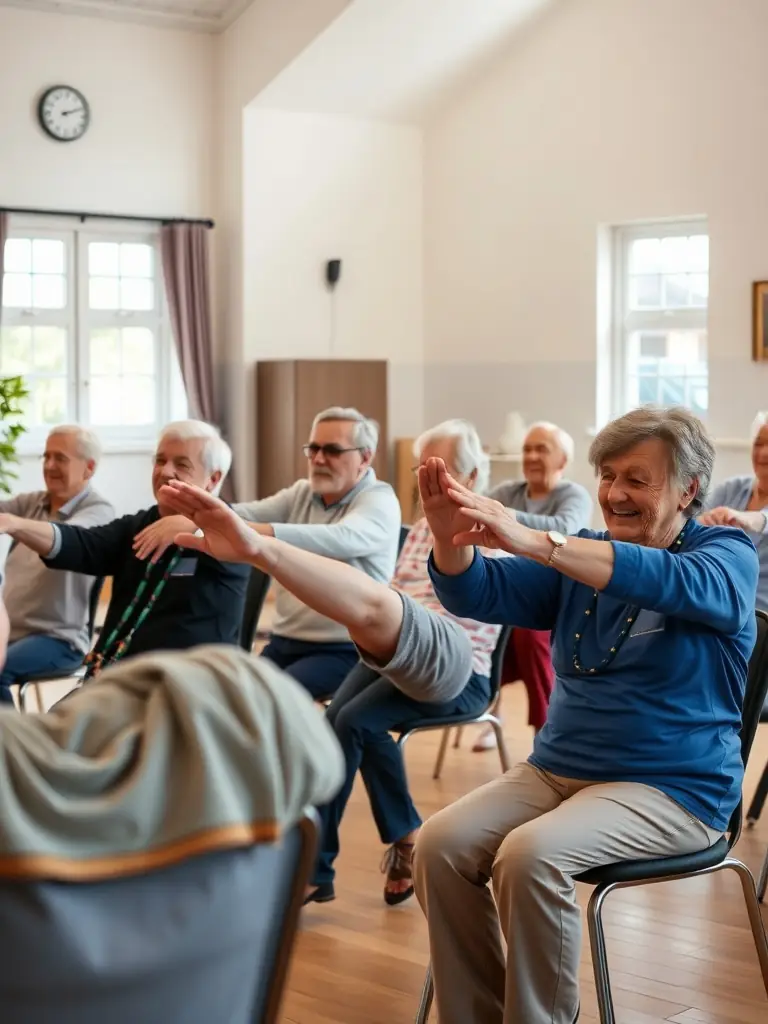 Seniors engaging in a gentle exercise class in a community center, demonstrating the association's dedication to promoting active lifestyles for all age groups.
