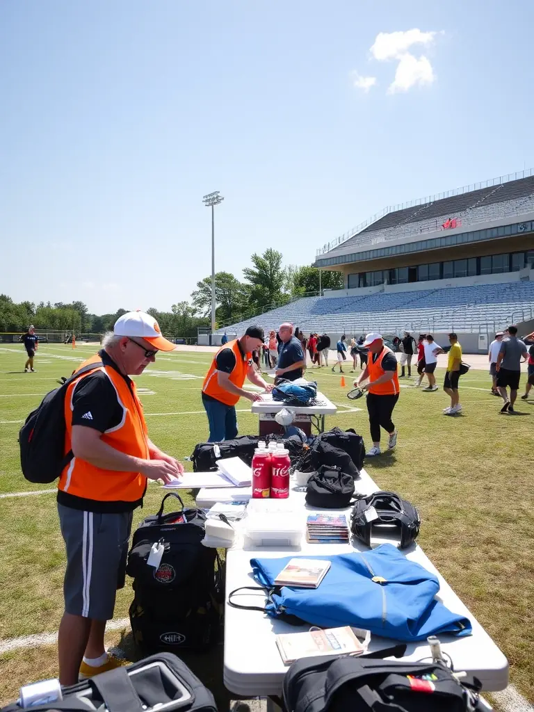 Volunteers assisting with the setup of a community sports event, highlighting the association's reliance on community support and engagement.