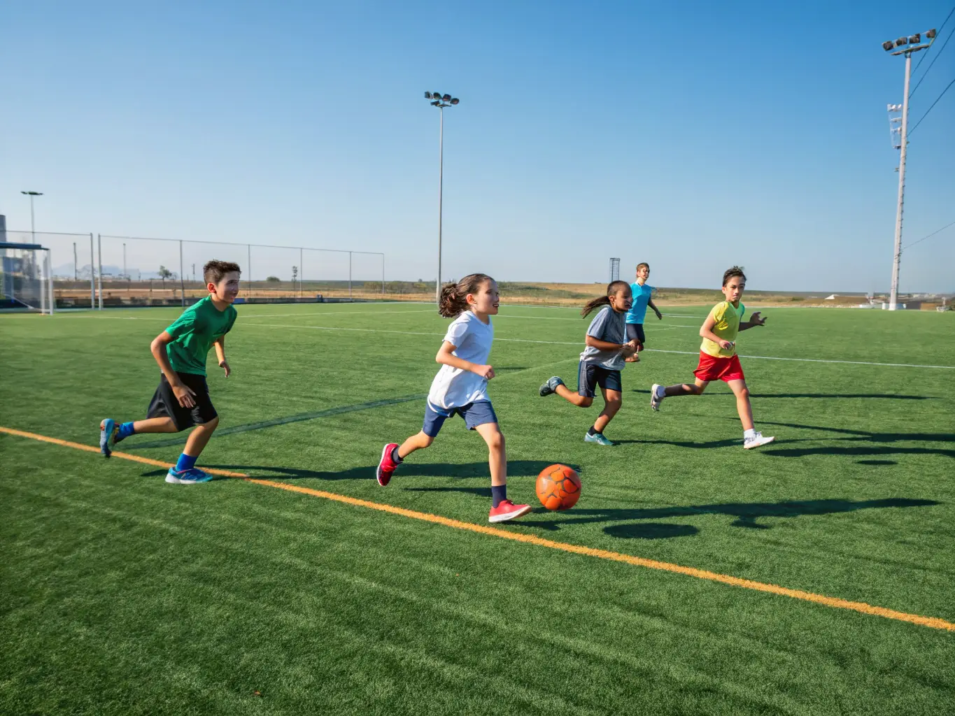 A vibrant image of children and adults playing soccer and basketball in a well-maintained community sports field, showcasing active participation and teamwork.