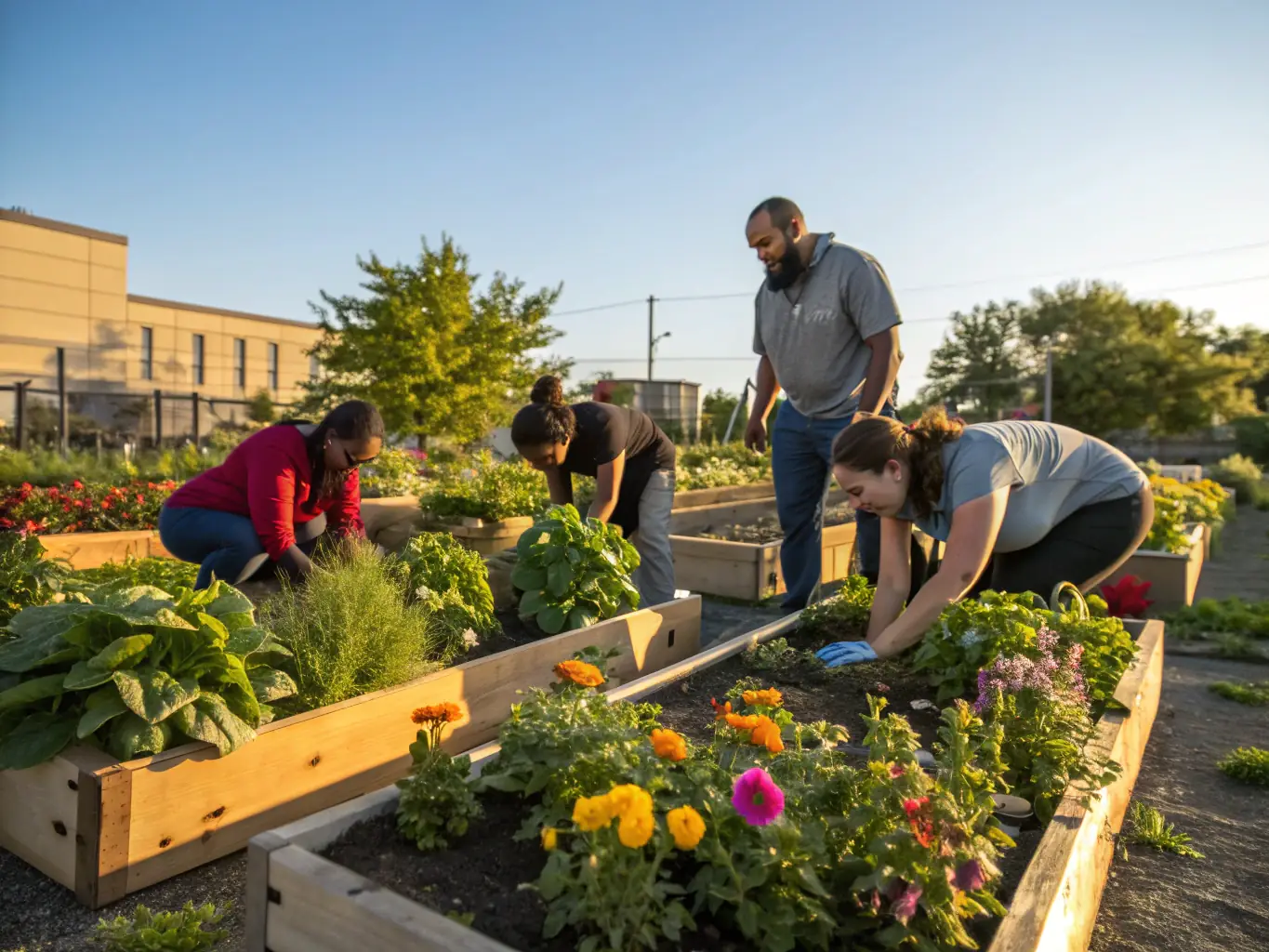 A diverse group of individuals participating in a community gardening project, planting vegetables and flowers in raised garden beds under the guidance of an experienced gardener.