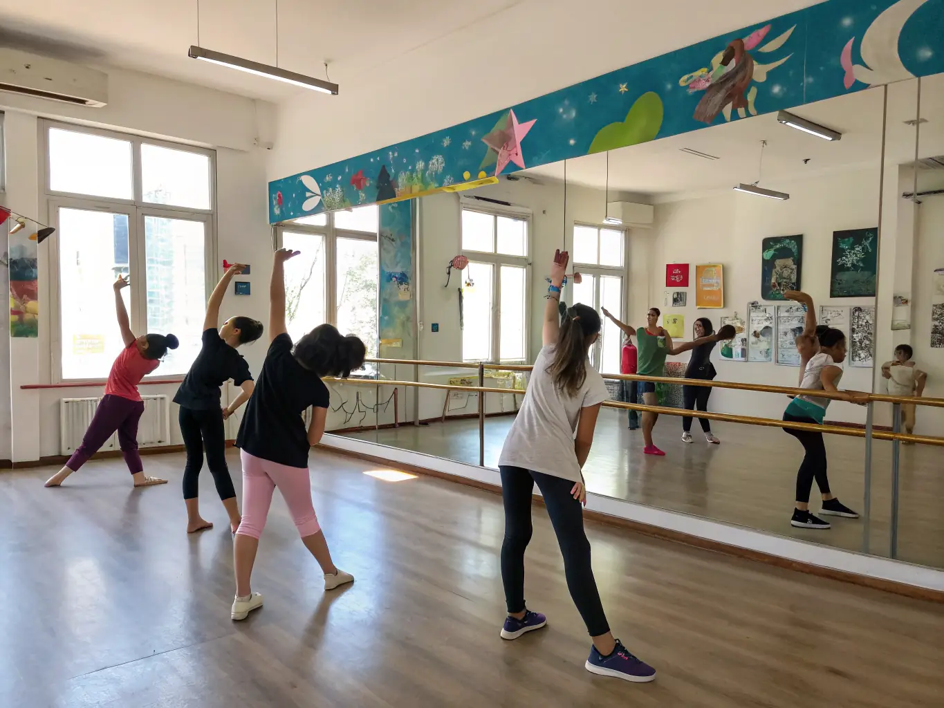 A group of teenagers participating in a recreational dance class, with an instructor guiding them through various dance moves in a spacious studio.