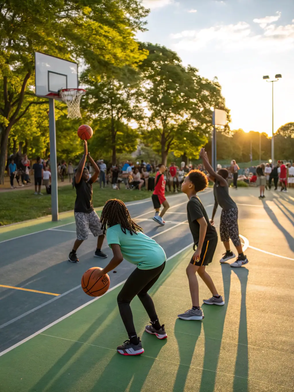 A diverse group of teenagers participating in a basketball clinic, guided by experienced coaches, showcasing the association's commitment to inclusive sports opportunities.
