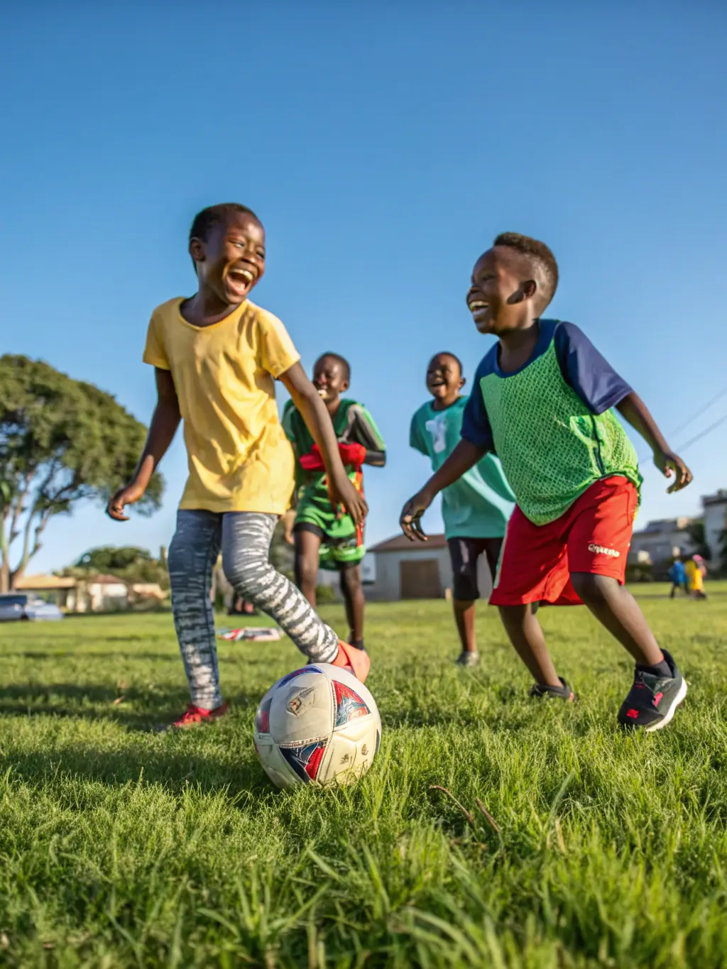 A group of young children laughing and playing soccer in a park, wearing ASSOCIATION NRJSC branded jerseys, symbolizing the joy and community fostered by the youth sports program.
